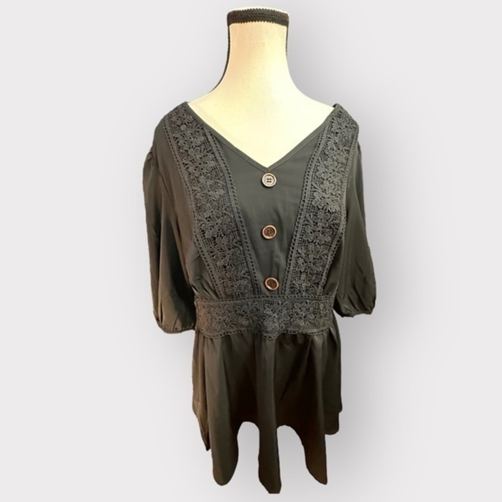 Women’s 14 16 Bloomchic Black Button Down Lace Panel V Neck Babydoll 1X
